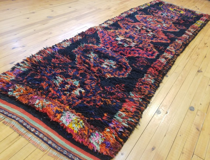 Primitive 1920-1930s Antique Wool Pile 3'x10' Natural Dye Runner Rug gallery