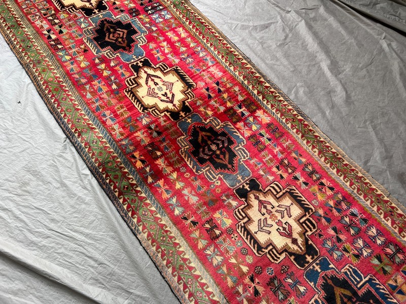 3'2x9'3 ft Vintage Caucasian Kazak Hand Knotted Wool Red Tribal Medallion Runner gallery