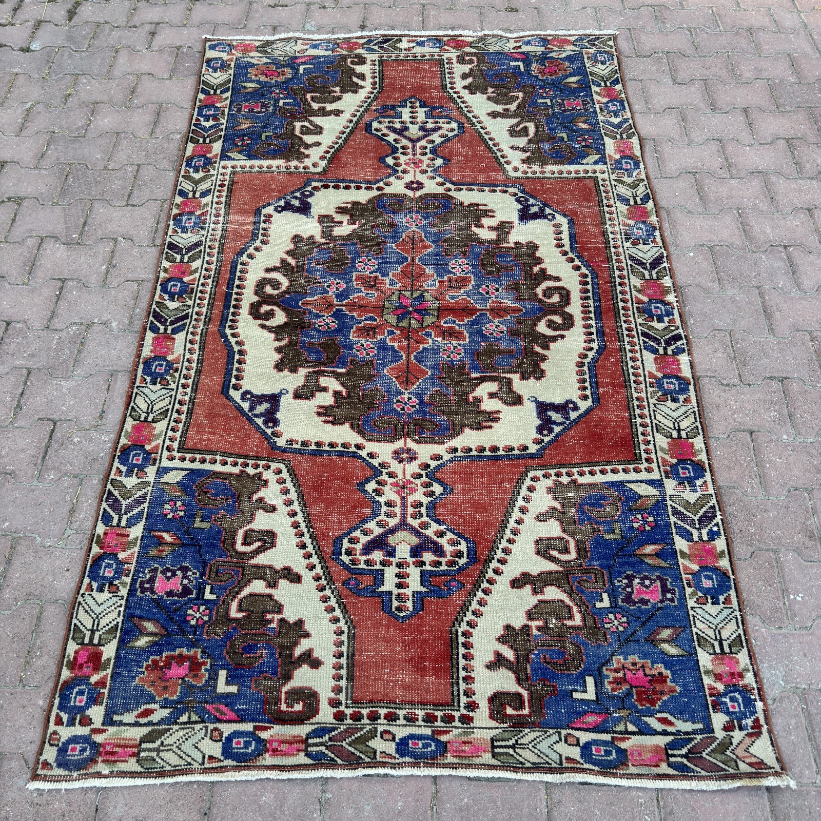 4x7 Terracotta Blue Wool Vintage Turkish Geometric Floral Handmade - Tariff Free gallery