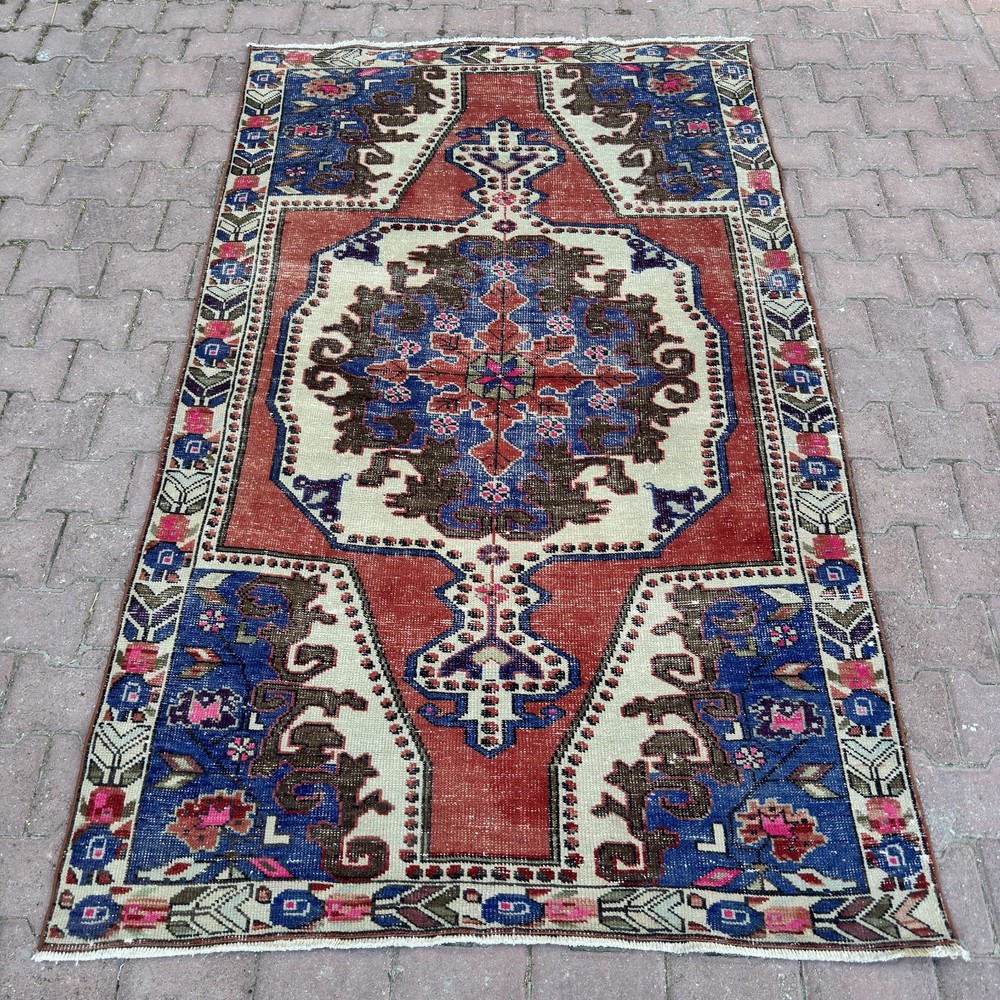4x7 Terracotta Blue Wool Vintage Turkish Geometric Floral Handmade - Tariff Free