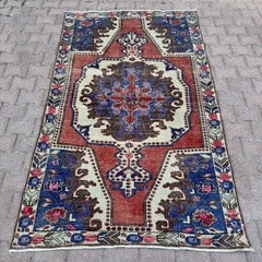 4×7 Terracotta Blue Wool Vintage Turkish Geometric Floral Handmade – Tariff Free