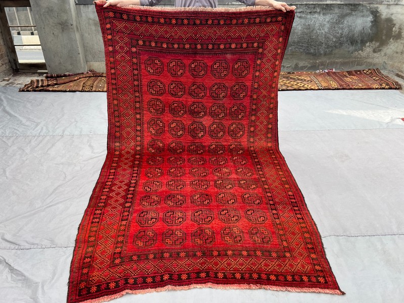 Red Vintage Turkoman Bokhara Elephant Foot Hand Knotted Wool Rug 5x8 Area Rug gallery