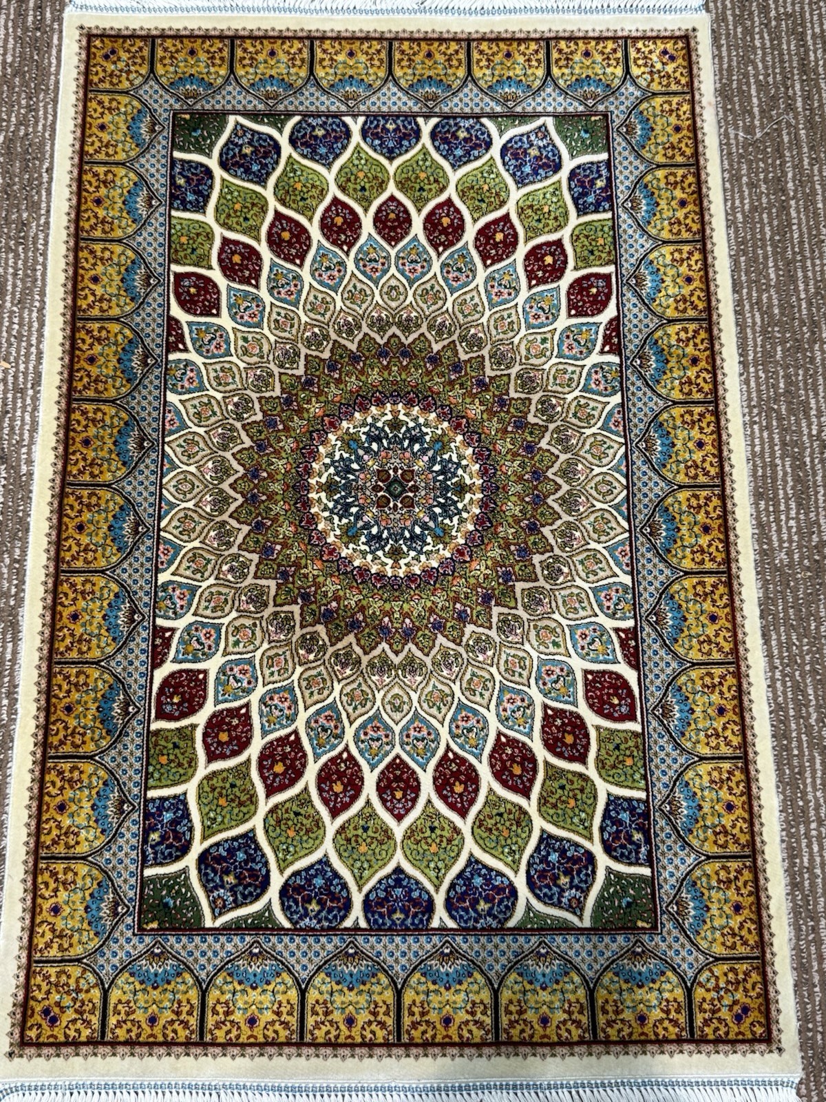 2x3 Feet Silk Rug Dome Design, High-Quality Silk Carpet Door Mate White Color ￼ gallery