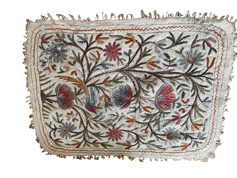 Antique Kashmiri Namada Rug Handcrafted Wool Aari Embroidery Bird Floral Motif gallery