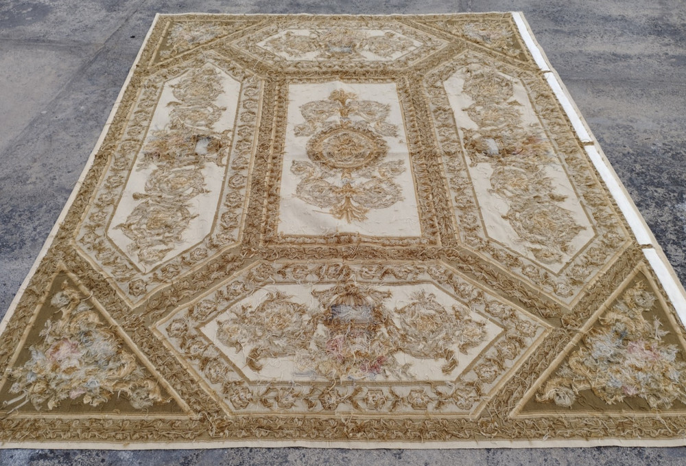 Vintage French Aubusson Floral Needlepoint Multicolor Rug Wool Carpet 294x235 cm