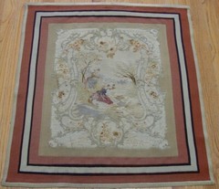 2’6″x2’8″ ANTIQUE 1850s FRENCH AUBUSSON PICTORIAL HAND WOVEN FRAMED RUG CLEANED