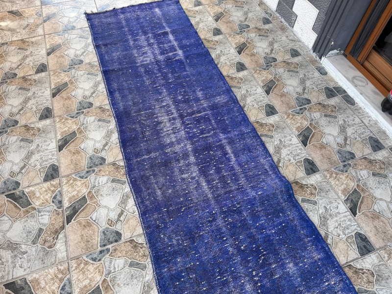 1970s Vintage Turkish Overdyed Runner Rug 2.6x9 ft Cobalt Blue Hand-Knotted Wool gallery