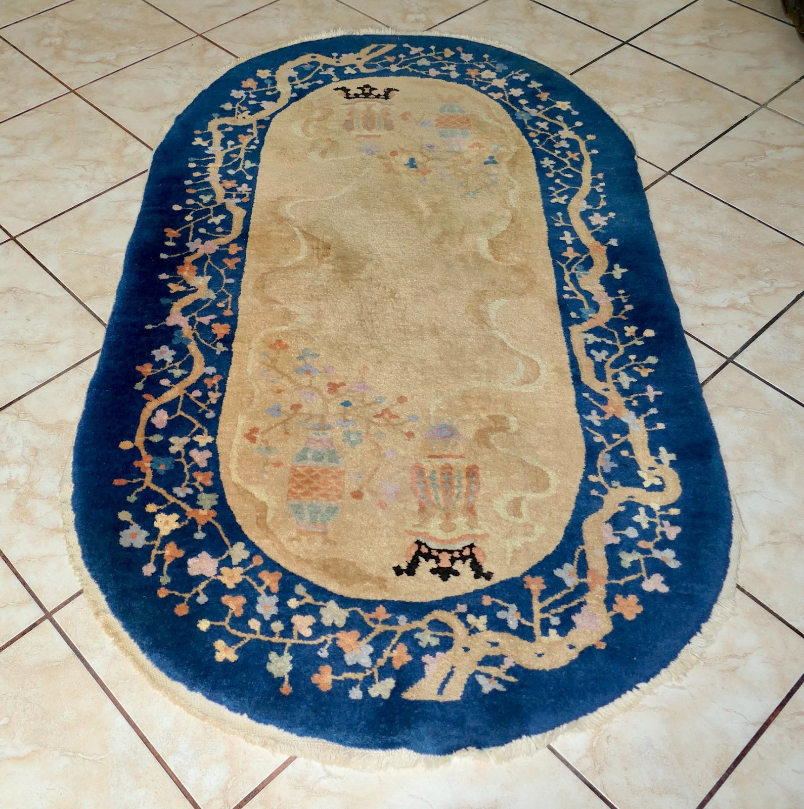 Art Deco Chinese Nichols Peking Fette Hand Knotted Oval Vase Crown Rug 5.4x3' #1 gallery