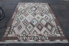 Kilim Vintage Traditional Hand Made Oriental Brown Pink Wool Kilim 245x167cm
