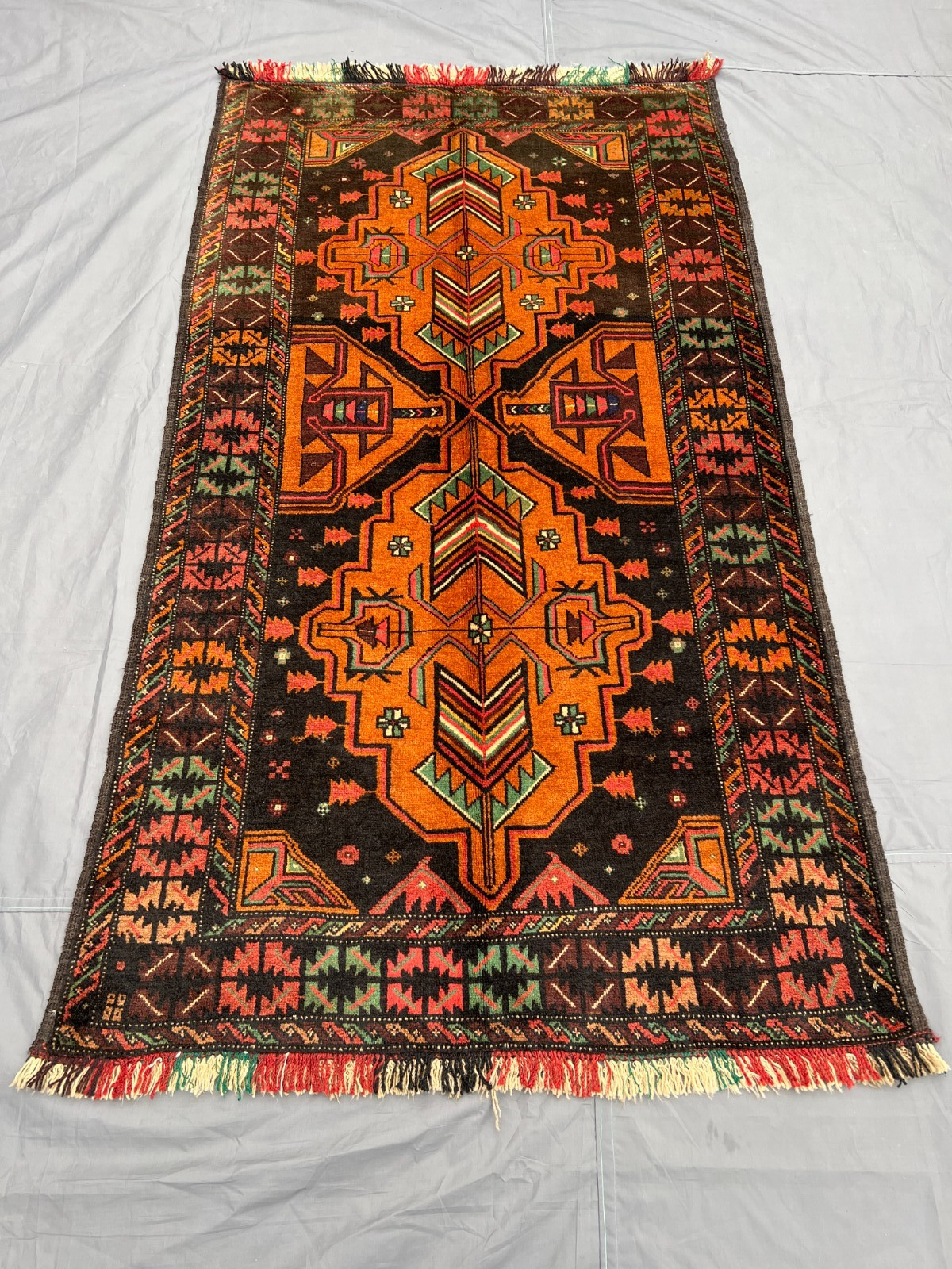 3'8x6'6 ft Vintage Afghan Baluchi Hand-Knotted Rug, Geometric Orange-Black Rug gallery