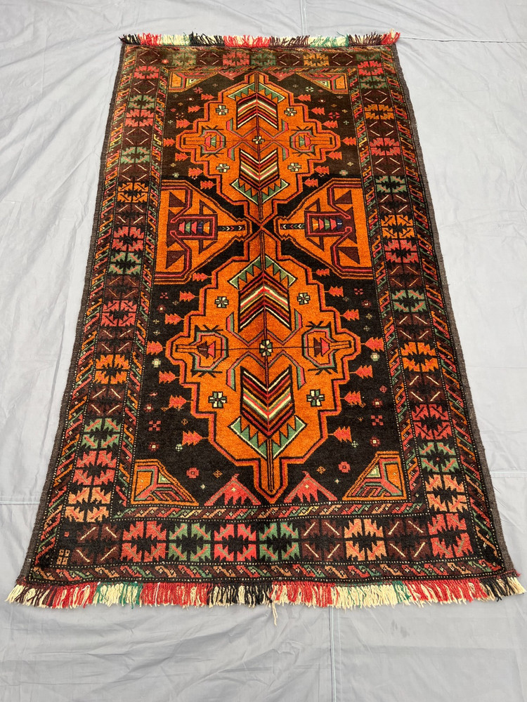 3'8x6'6 ft Vintage Afghan Baluchi Hand-Knotted Rug, Geometric Orange-Black Rug