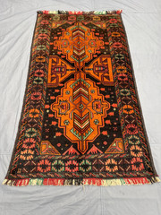 3’8×6’6 ft Vintage Afghan Baluchi Hand-Knotted Rug, Geometric Orange-Black Rug
