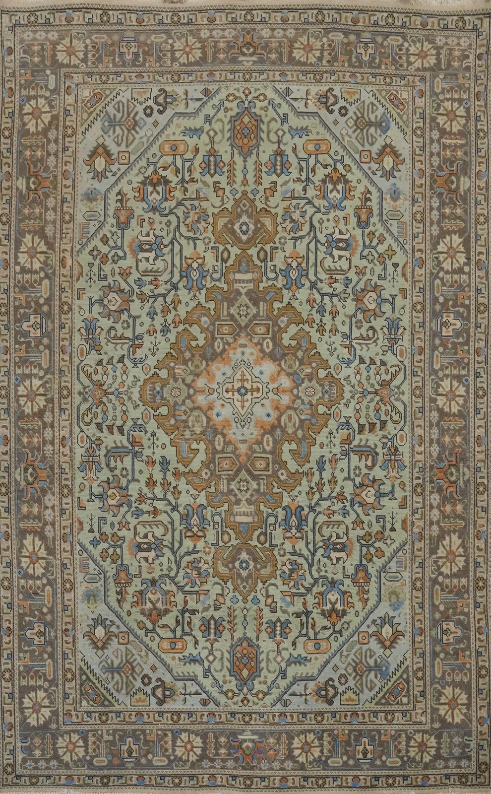 Mint Green Wool Traditional Distressed Area Rug 7x10 ft Hand-knotted Vintage Rug gallery