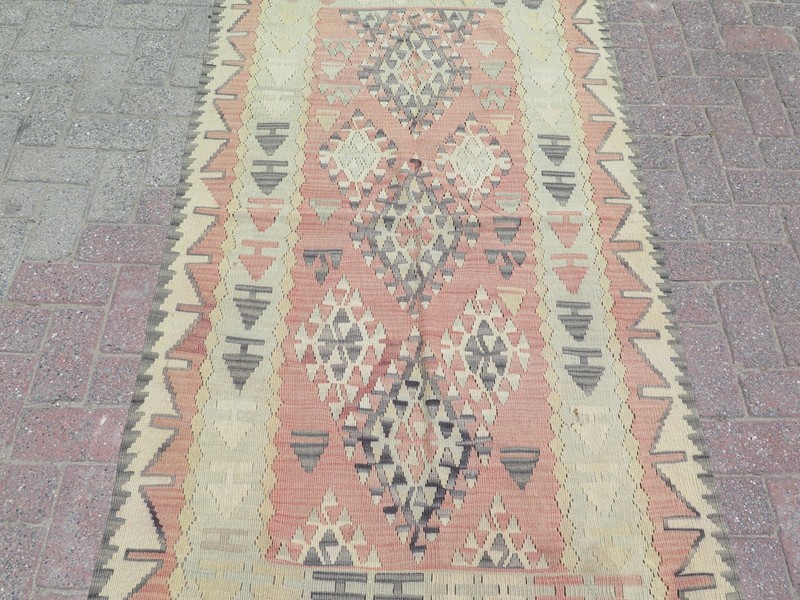 Peach & Cream Tribal Vintage Turkish Rug, Handwoven Wool Kelim Tapis 40"x46" gallery