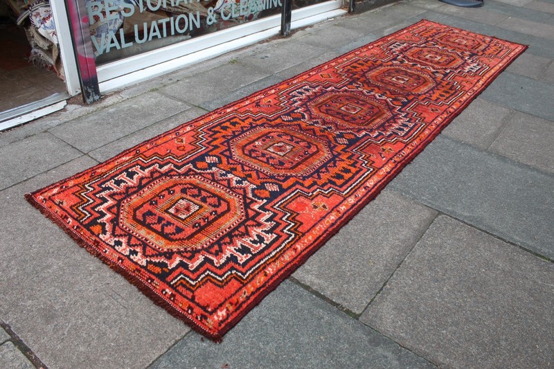 Vintage Worn Hand Made Traditional Oriental Wool Red Orange Long Runner 341x84cm gallery