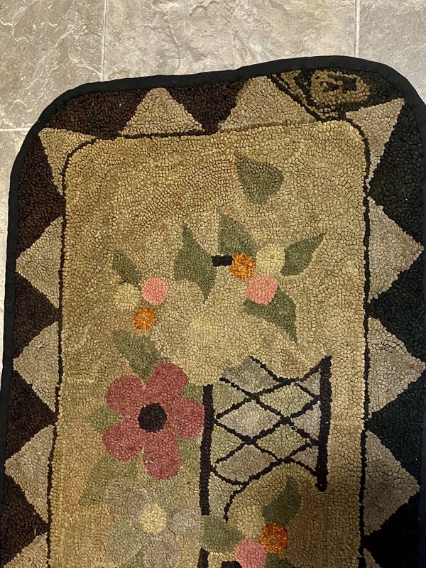 Vintage Antique Handmade Rectangular Basket Flowers Hooked Rug 32”x 20” gallery