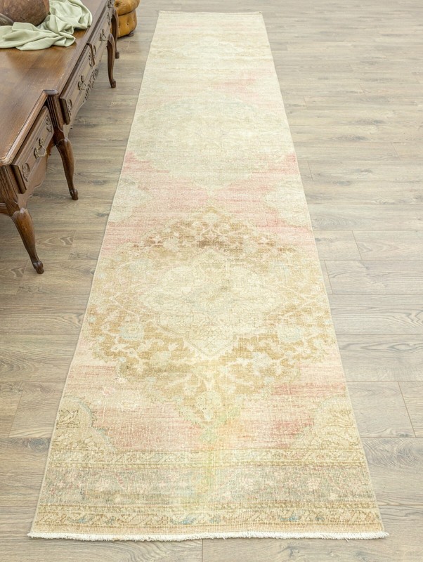 Vintage Turkish Oushak Runner 2.11x13.7 ft – Muted Pink Sage Faded Wool Long Rug gallery