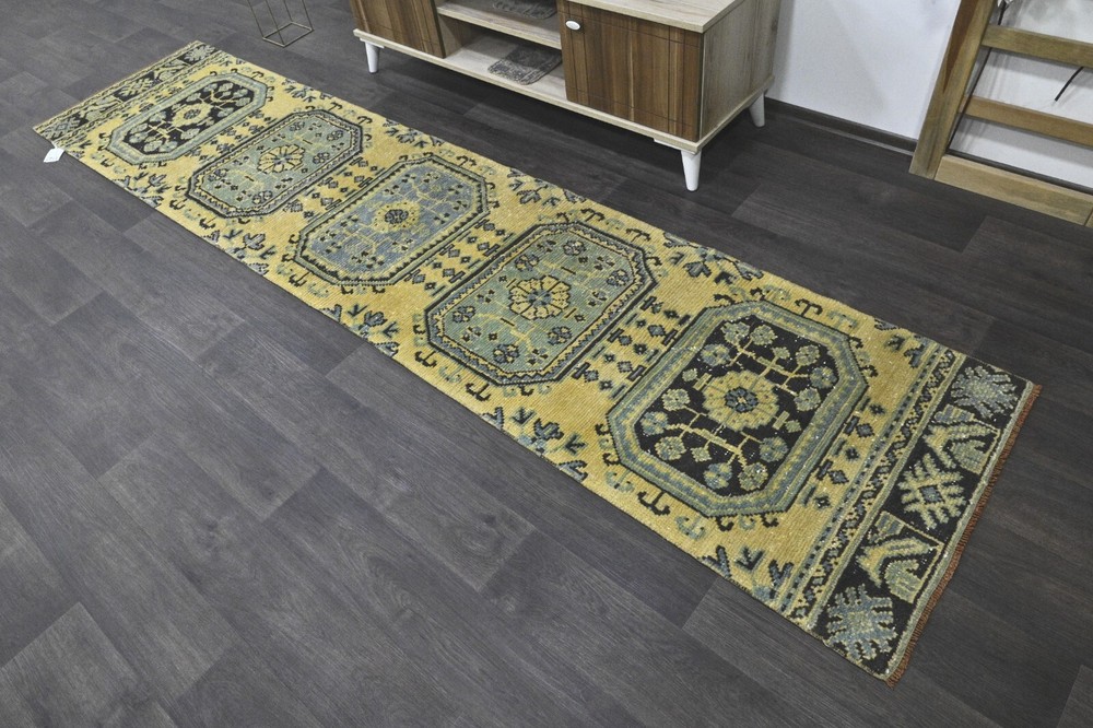 Vintage Turkish Runner Rug 2x10ft YELLOW Handmade Anatolian Oushak Hallway Wool