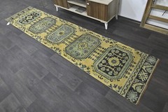 Vintage Turkish Runner Rug 2x10ft YELLOW Handmade Anatolian Oushak Hallway Wool