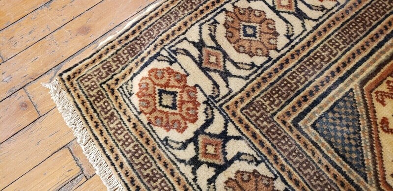 Hand-Knotted Vintage 1970's Muted Dye Geometri Patterned Bunyan Rug 4'10"×7'6 gallery