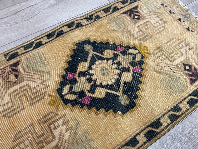 Vintage Turkish Medallion Rug Small Tan Black Navy Oriental Door Mat 1.8x3.3 ft gallery