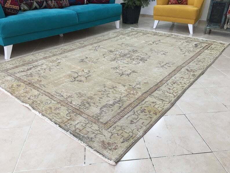 Faded Antique Persian Bohemian Oushak Area Rug Handknotted 5.7x8.7ft, 174x265cm gallery