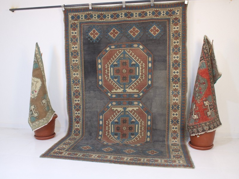 Vintage Hand Knotted Area Rug Blue Red Beige Geometric Turkish Rug 5x8 ft gallery