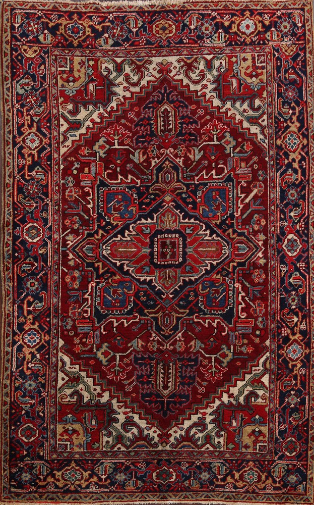 Antique Geometric Area Rug 5x6 Ft Handmade Traditional Wool Red Medallion Rug
