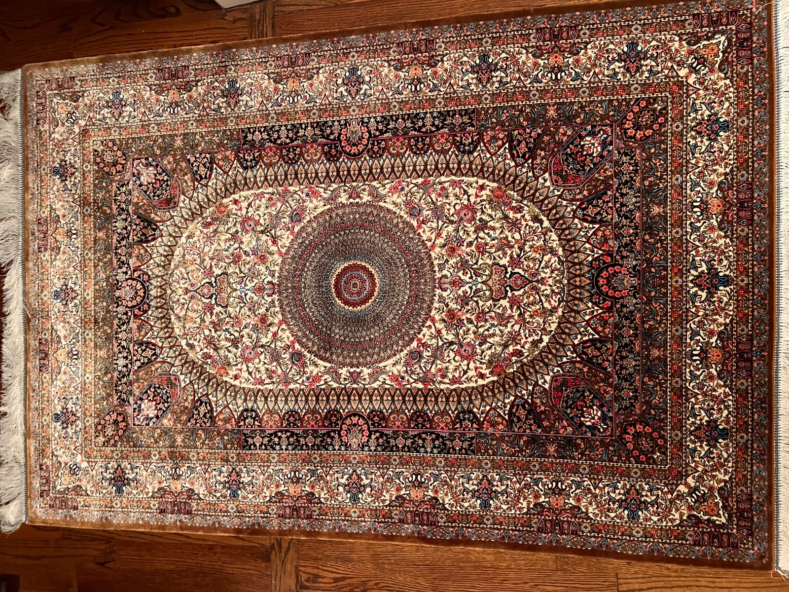 Turkish Silk Rug 3 ft x 5 ft Medallion, Pink and Ivory, Fine, Bamboo Silk gallery