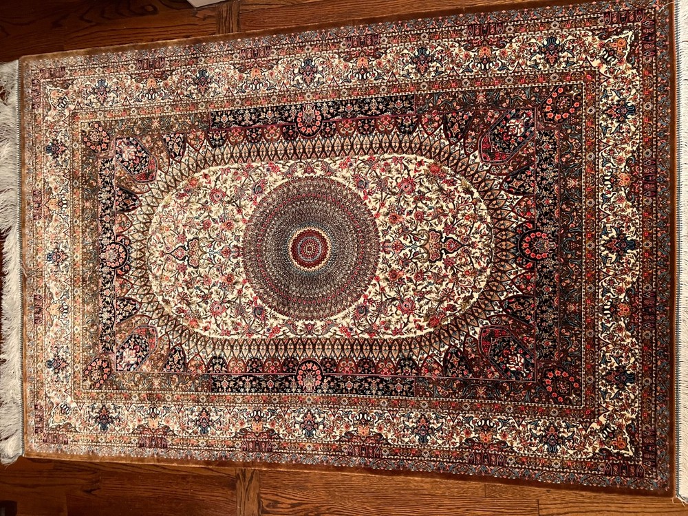 Turkish Silk Rug 3 ft x 5 ft Medallion, Pink and Ivory, Fine, Bamboo Silk