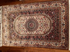 Turkish Silk Rug 3 ft x 5 ft Medallion, Pink and Ivory, Fine, Bamboo Silk