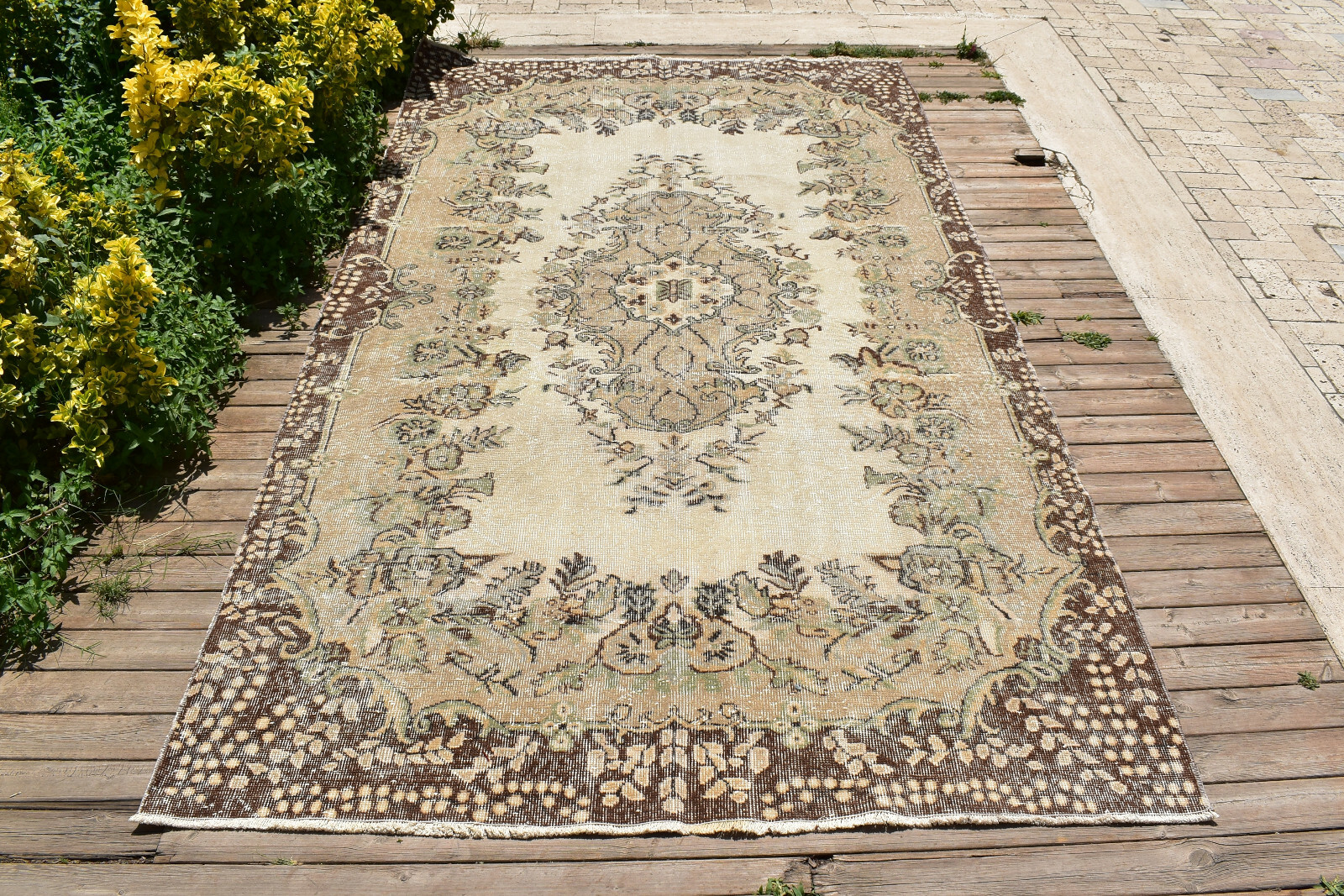 Turkish Rug 64''x115'' Vintage Light Color Medallion Oushak Carpet 164x293cm 5x9 gallery