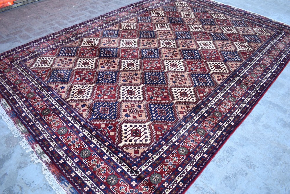 9x12 ft Vintage Afghan Turkmen Oriental Area Rug Red Tan Hand Knotted Wool Rug