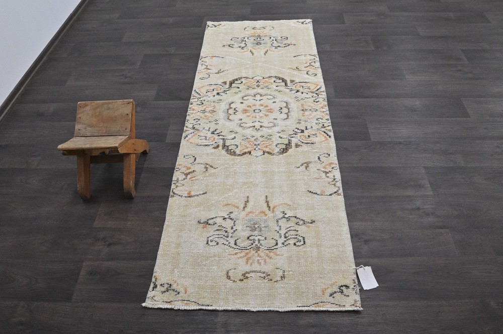 Vintage Turkish Runner Rug 2x7ft Wool Anatolian Handmade Hallway Oushak BEIGE