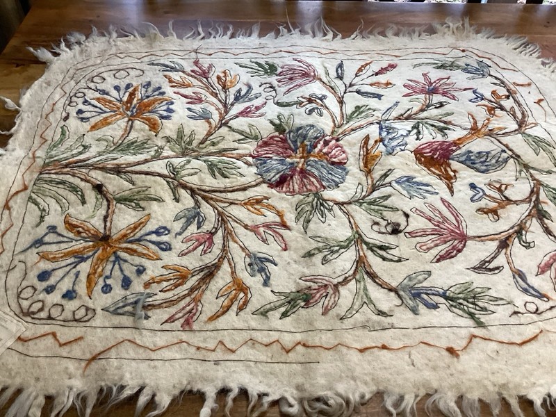 antique Kashmiri Namada Wool Rug/wall Hanging W/ Hand Embroidered Crewel work gallery