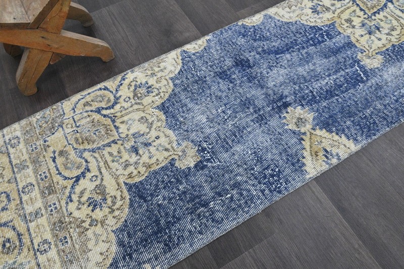 Vintage Turkish Runner Rug 2x7ft Wool Anatolian Handmade Hallway Oushak BLUE gallery