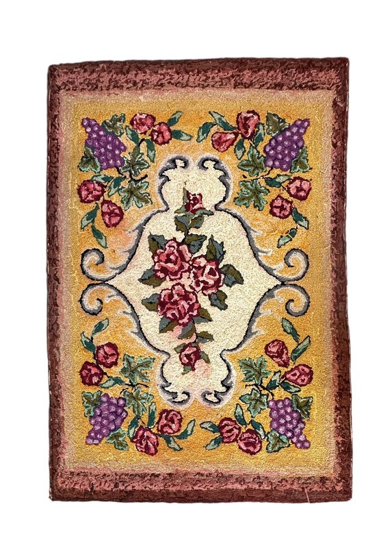Antique Hooked Rug Grape Clusters Roses. 39x57 gallery