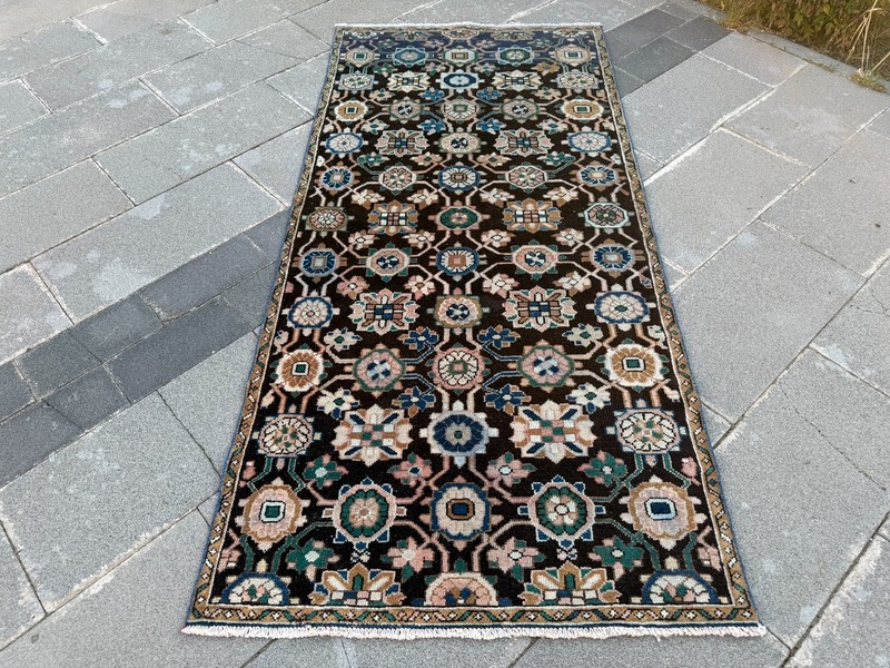Vintage Turkish Rug 3.2x6.8 Ft Black Handmade Wool Floral Anatolian Area Rug gallery