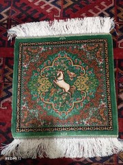 Sherazi Silk Machine Made Rug 1.3×1.3ft Persian Horse Pictorial Emerald Green Ma