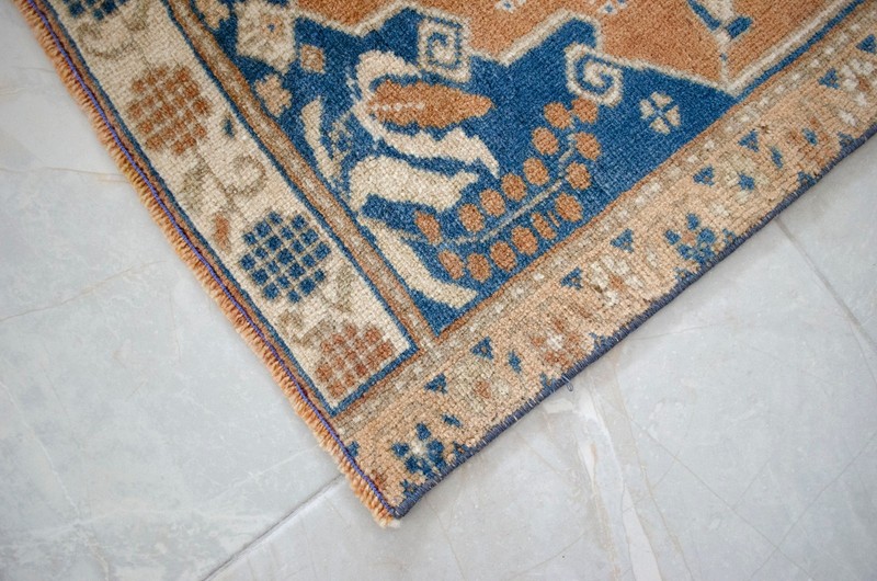 Vintage Oushak Small Rug 2x3 Hand-Knotted Wool Turkish Door Mat Pink Blue 1970s gallery