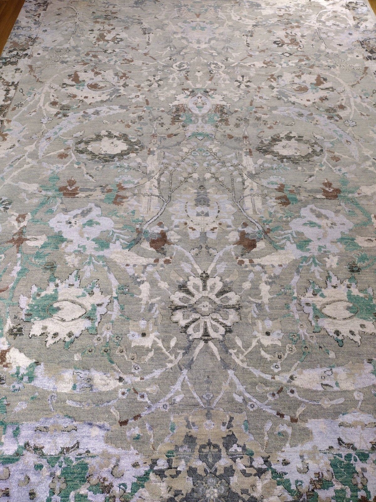 Handmade Green Grey Blue Modern Contemporary Abstract Wool and Silk Rug 9x12 gallery
