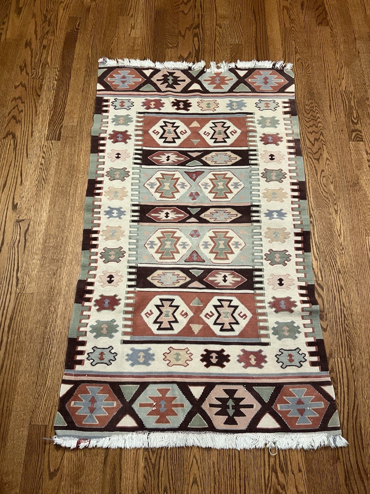 VTG 1970’s TURKISH KILIM TAPESTRY TEXTILE WALL HANGING RUNNER RUG WOOL 59" X 32" gallery
