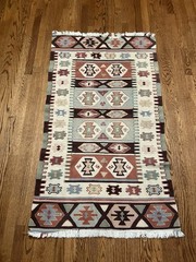 VTG 1970’s TURKISH KILIM TAPESTRY TEXTILE WALL HANGING RUNNER RUG WOOL 59″ X 32″