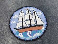 Vintage 36” Round Wool Hooked Rug 3 Masted Schooner Ship At Sea by Kaleen India