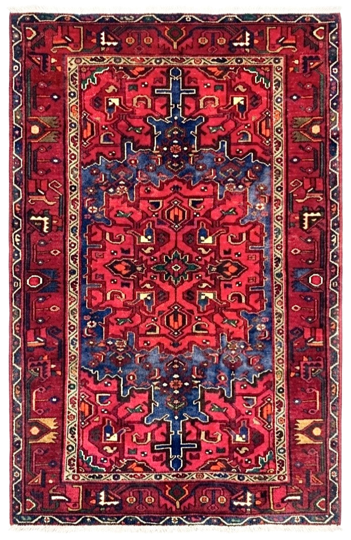 Vintage Zanjan Tribal Hand Knotted Wool Area Rug 4x7 Blue Red Geometric Oriental gallery