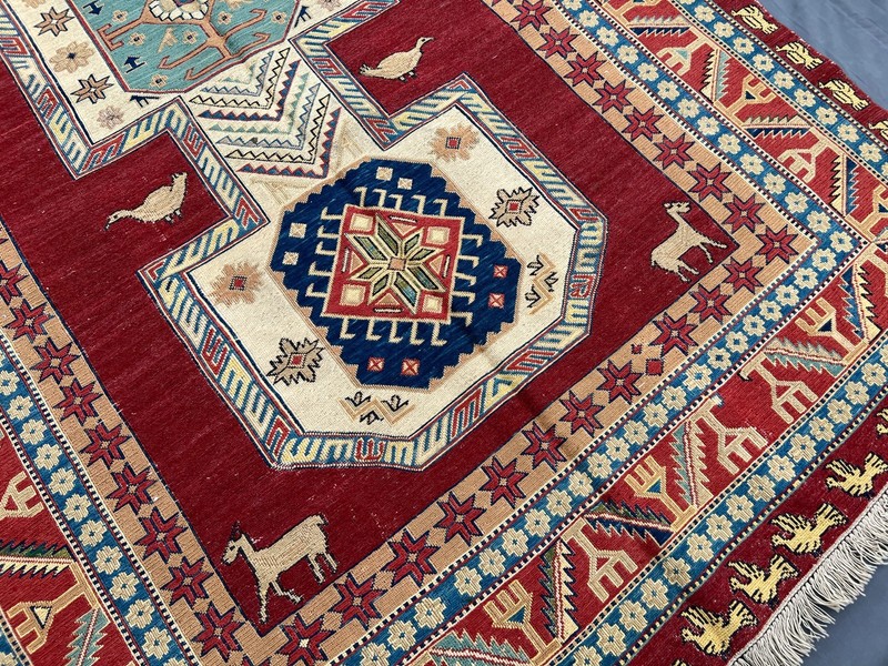 Red Turkish Pictorial Soumak Rug 4'3x7'1 Handmade Wool Animal Tribal Vintage rug gallery