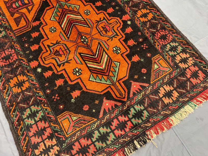 3'8x6'6 ft Vintage Afghan Baluchi Hand-Knotted Rug, Geometric Orange-Black Rug gallery