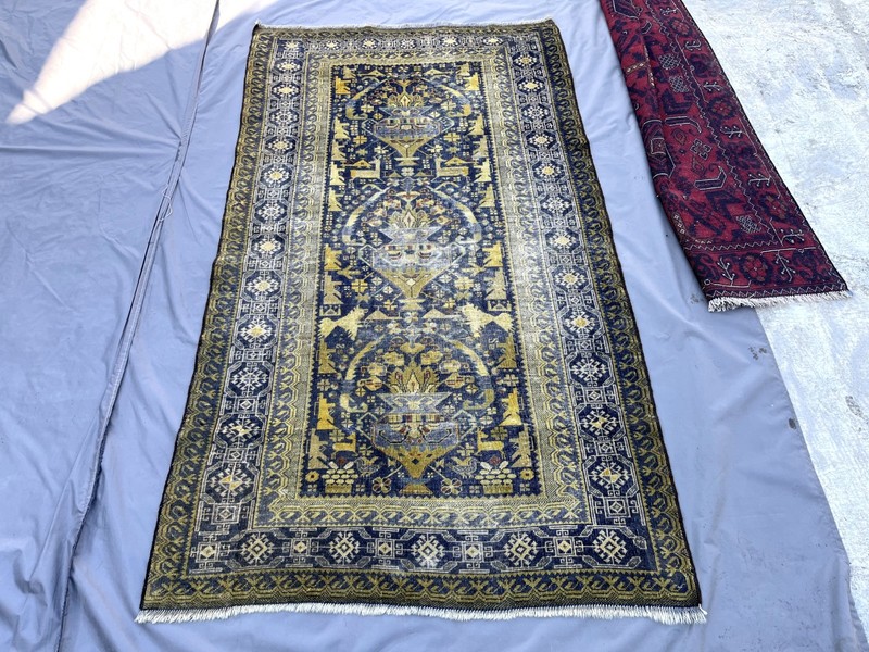 1920s Terracotta Antique Afghan Rug 4x7 Blue Faded Geometric Baluchi Area Carpet gallery