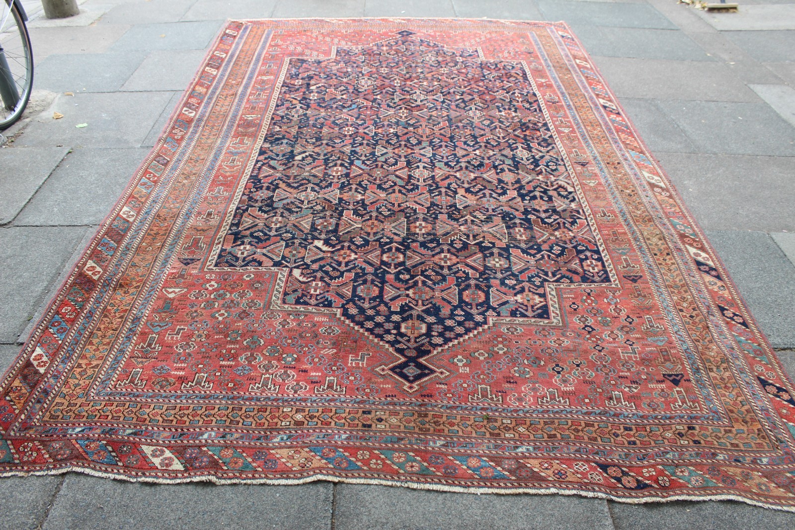 Antique Worn Traditional Hand Made Oriental Blue Red Gold Wool Carpet 352x218cm gallery