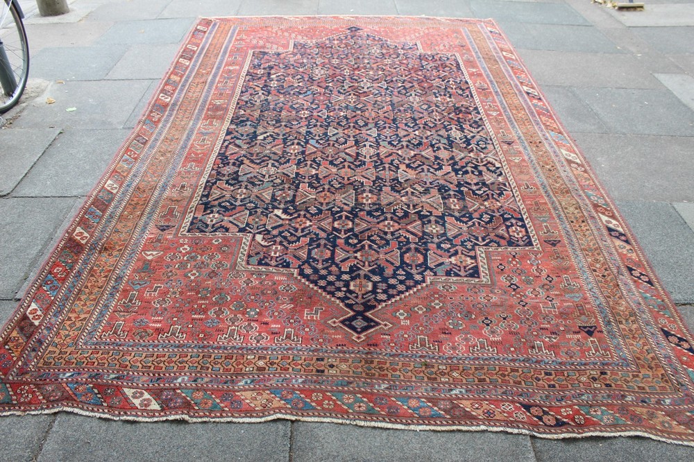 Antique Worn Traditional Hand Made Oriental Blue Red Gold Wool Carpet 352x218cm
